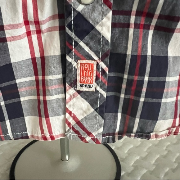 Rolling Paper Brand NYC Rollco Shirt Mens Short Sleeve Sz L Blue Red White Plaid - Picture 6 of 11